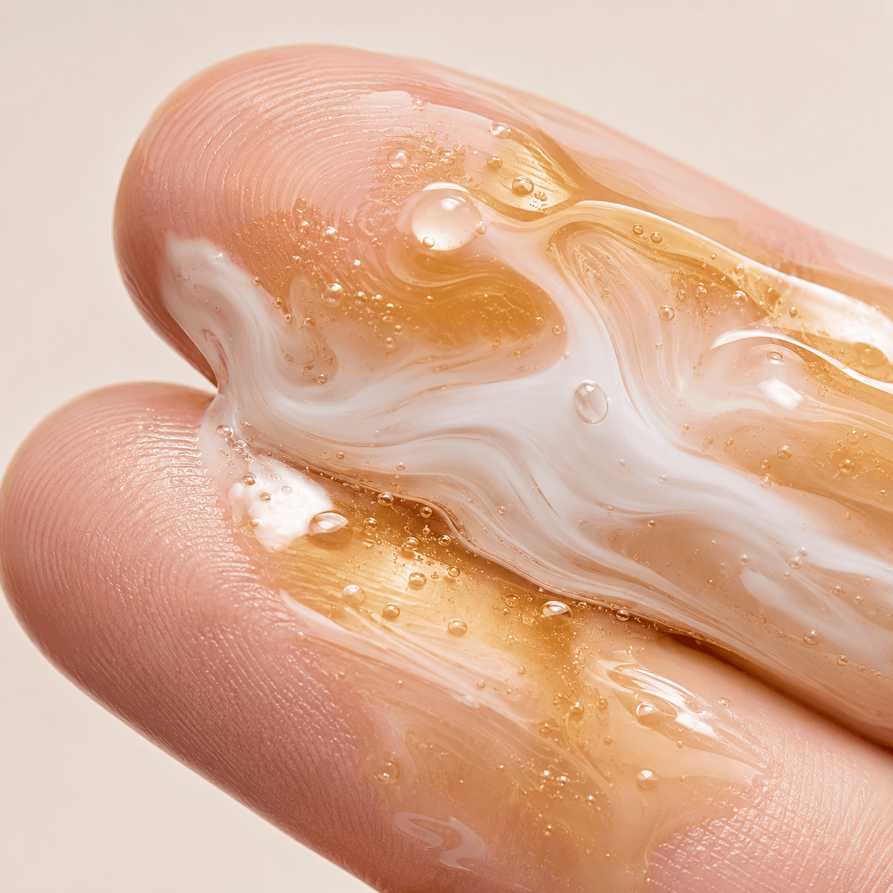 Aceite limpiador emulsionando con agua sobre los dedos